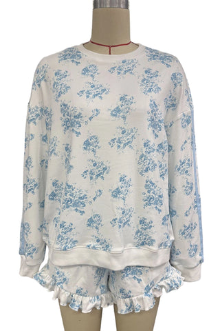Floral Crew Neck Ruffle Short Set