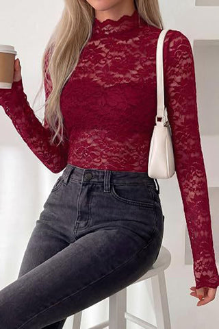Floral Lace Mock Neck Long Sleeve Blouse