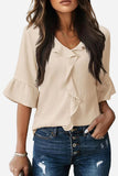 Ruffled V-Neck Blouse with Tiered Sleeves