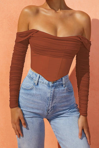 Sheer Sleeve Off-Shoulder Crop Blouse