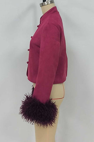 Fur Cuff Frog Button Stand Collar Jacket