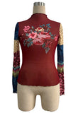 Sheer Mesh Floral Patchwork Mock Neck Top