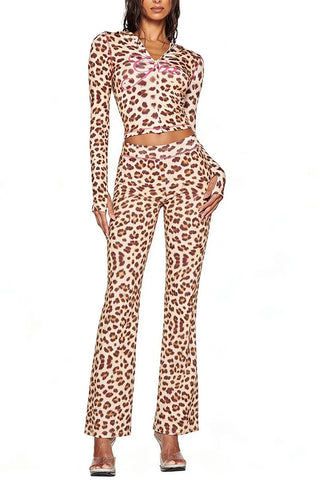 Leopard Print Hoodie and Flare Pants Set