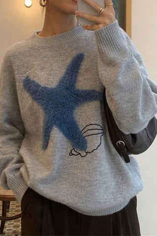 Fuzzy Star Graphic Crew Neck Sweater