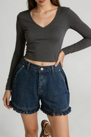 Ruffle-Hem High-Waist Denim Shorts