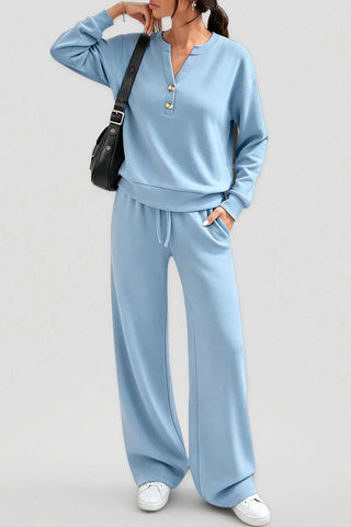 Button Placket Long Sleeve Wide-Leg Pants Set