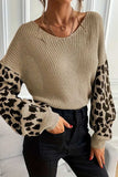 Leopard Sleeve Crew Neck Knit Sweater