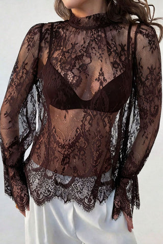 Sheer Floral Lace Mock Neck Bell Sleeve Blouse