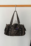 Leopard Print Studded Multi-Pocket Tote Bag