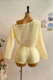 Off-Shoulder Striped Long Sleeve Short Set