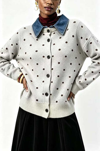 Polka Dot Knit Cardigan with Denim Collar