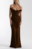 Ruched Off-Shoulder Satin Maxi Evening Dress