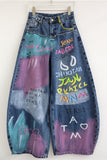Graffiti Print High-Waist Barrel Jeans