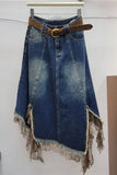 Lace Trim Asymmetrical Denim Skirt