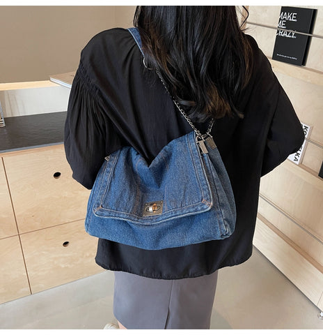 Denim Slouchy Contrast Stitching Chain Bag