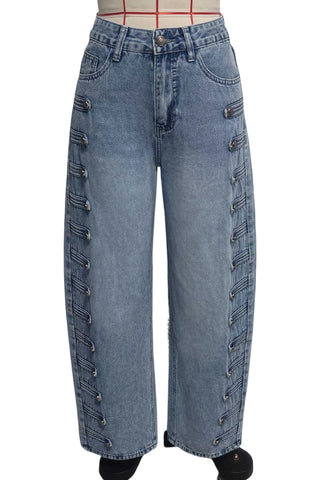 High-Waist Button Detail Barrel Jeans