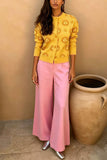 Sun Print Knit Cardigan and Wide-Leg Pants Set