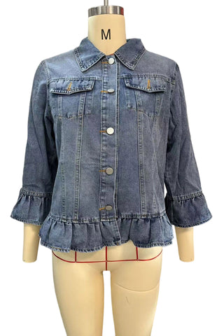 Ruffle Hem 3/4 Sleeve Denim Jacket