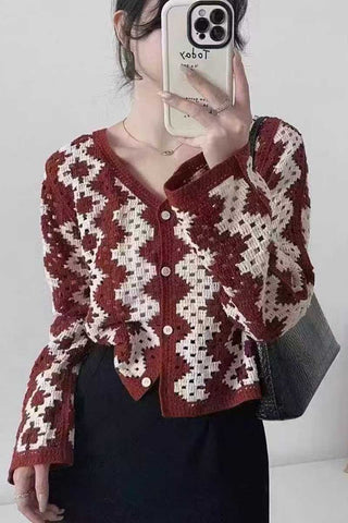 Geometric Pattern V-Neck Button Cardigan