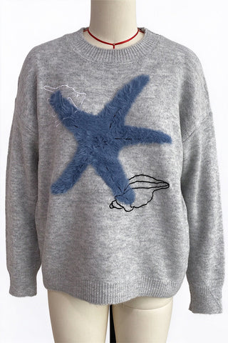Fuzzy Star Graphic Crew Neck Sweater
