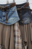 Plaid Asymmetrical Denim Waist Midi Skirt