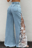 Sheer Floral Lace Side Wide Leg Jeans