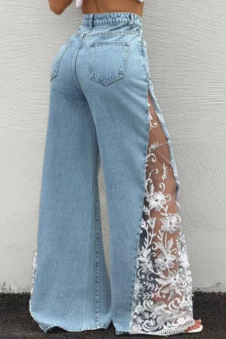 Sheer Floral Lace Side Wide Leg Jeans