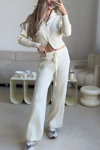 Zip-Front Mock Neck Knit Pants Set