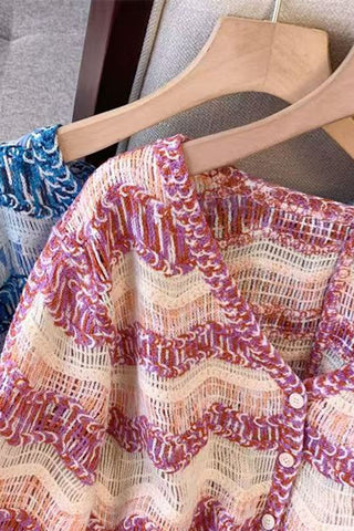 Wavy Knit V-Neck Button-Front Cardigan