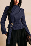Striped Mock Neck Belted Blouse