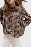 Plaid Mock Neck Puff Sleeve Blouse