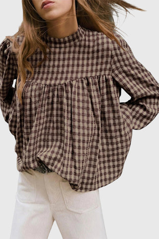 Plaid Mock Neck Puff Sleeve Blouse