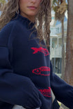 Fish Intarsia Mock Neck Knit Sweater