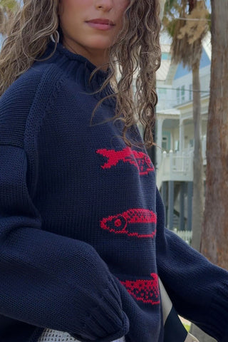 Fish Intarsia Mock Neck Knit Sweater