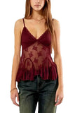 Sheer Floral Lace V-Neck Ruffle Tank