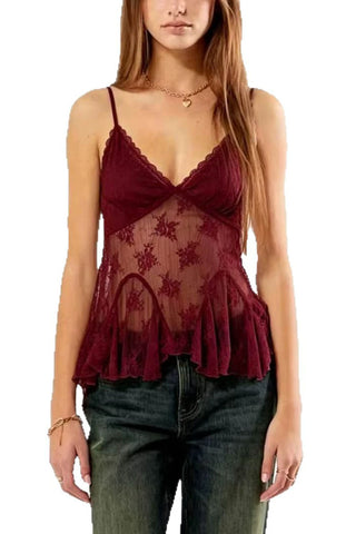 Sheer Floral Lace V-Neck Ruffle Tank