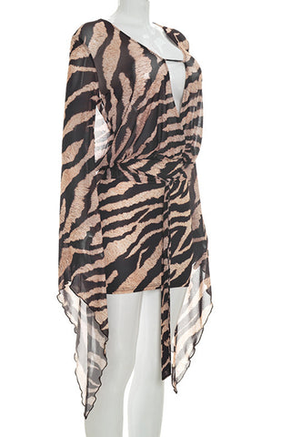 Zebra-Print Long Sleeve Wrap Mini Dress
