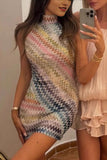 High-Neck Zigzag Casual Dress