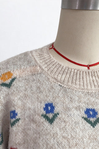 Floral Applique Crew Neck Knit Sweater