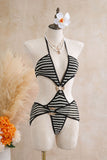 Striped Ring Cutout Halter Swimsuit