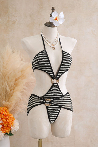 Striped Ring Cutout Halter Swimsuit