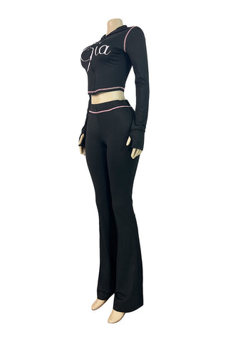 Graphic Zip-Up Hoodie and Flare Pants Set