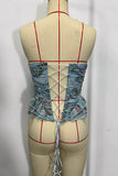 Ruffle Trim Paisley Lace-Up Corset Top