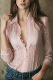 Sheer Floral Lace Trim Button-Front Blouse