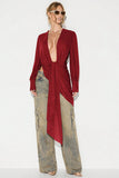 Deep V-Neck Ruched Long Sleeve Blouse