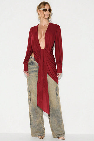 Deep V-Neck Ruched Long Sleeve Blouse