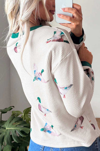 Duck Print Ribbed Crew Neck Sweatshirt