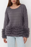 Fuzzy Cuff Boat Neck Stripe Knit Sweater