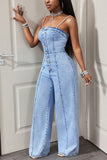 Strap-Detail Button-Front Jumpsuit