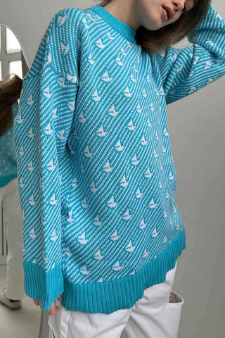Bird Motif Crew Neck Knit Sweater